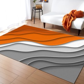 Orange Gradient Area Rugs Indoor Non-Slip Rectangle Rug 5x7 ft, Abstract Geometric Orange Gray Beach Sea Waves Rug Rubber Backing Floor Mats Contemporary Home Decor Carpet for Entryway Living Room