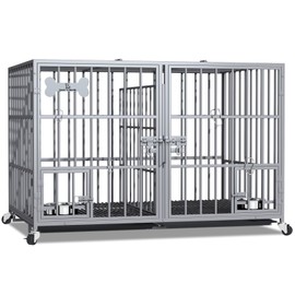 aboxoo 42/48 inch Heavy Duty Metal Dog Crate for 2 Dogs/Large Dog,All Metal Open Top,Dog Kennel Indoor with Wheels,Floor Grid, Tray, Divider and Feeding Bowl (Sliver)