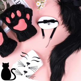 Cat Ears and Tail Set for Women, Black Cat Costume Accessories with Fluffy Paw Gloves Bell Choker for Haloween Party Cosplay