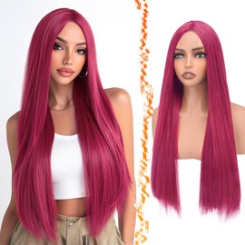 Long Straight Hot Pink Wig - Long Straight Middle Part Hot Pink Wigs for Women - 28 Inch Natural Looking Thick Soft Synthetic Daily Party Halloween Kpop Mira Costume Wig