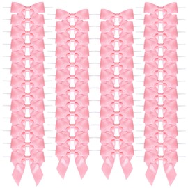 50Pcs Satin Ribbon Twist Tie Bows for Treat Bags, 3.5'' Mini Gift Bows for Presents Crafting Christmas Tree Bows, Bag of Pre Tied Bows Premade Bows for Crafts Gift Wrapping Wedding Party Favors (Pink)