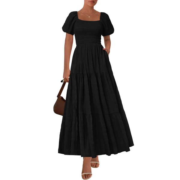 PRETTYGARDEN Womens Summer Puff Short Sleeve Maxi Dress Square Neck