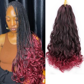 EFFGOCO French Curl Braiding Hair 20 Inch Ombre Burgundy Curly Braiding Hair 8 Packs Pre Stretched Bouncy Loose Wave French Curls Crochet for Women (20 Inch, T/BUG)