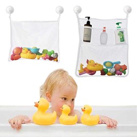 Bath Toy Organizer Mesh Storage Organizer Baby Shower Toys Bathtub Net Bag Kids Quick Dry Bathtub Mesh Net Bathtub Toy Holder 2 X Bathroom Storage Bag & 6 X Strong Suction Hooks (White)