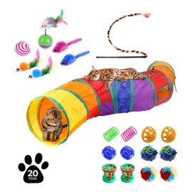 Juguetes Para Gato Plumas Varita Bolas Ratones Túnel 20 Pcs