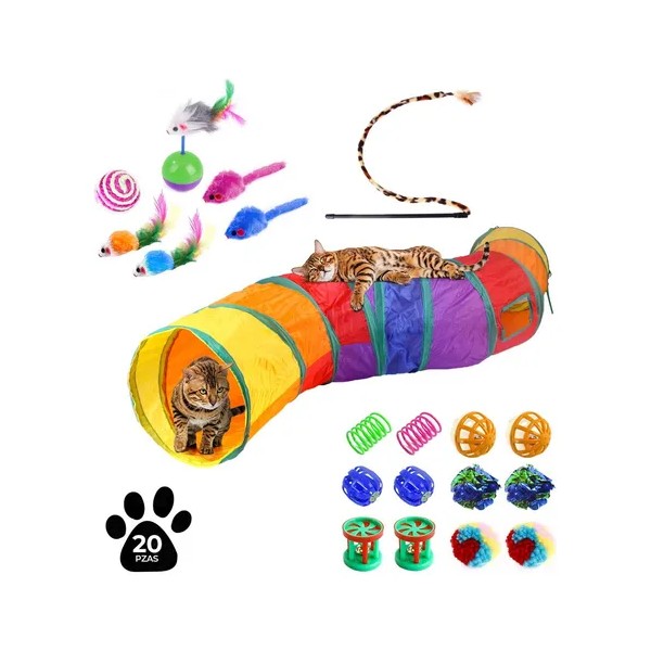Juguetes Para Gato Plumas Varita Bolas Ratones Túnel 20 Pcs