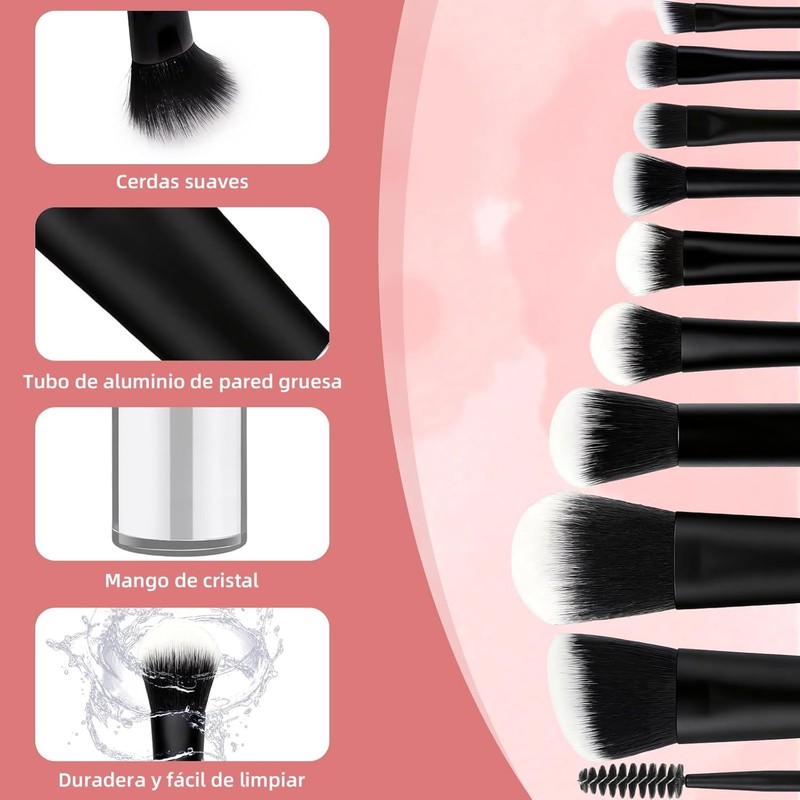 15 Piezas Brochas para Maquillaje con 10 Brochas, 2 Esponjas,