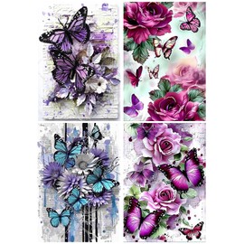 EWJRNSF 5D Diamond Painting Kits for Adults, Diamond Arts Kits Diamond Art Sets,Gem Painting by Number Kits for Adults Beginners Home Wall Decor 11.8x15.7 Inches 4 Pack Flowers Butterfly