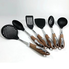 Kitchen Utensil Set with Stand, 6 Piece Nonstick Cooking Tools, Wood Handle, Stainless Steel Rotating Hanging Rack