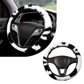 Hovom Cow Print Car Accessories Set, Soft Fluffy Plush Cute Cowprint Accessories for Women Girls, Include Steering Wheel Cover, Handbrake Cover, Gear Cover, Armrest Cover (Steering Wheel Cover)