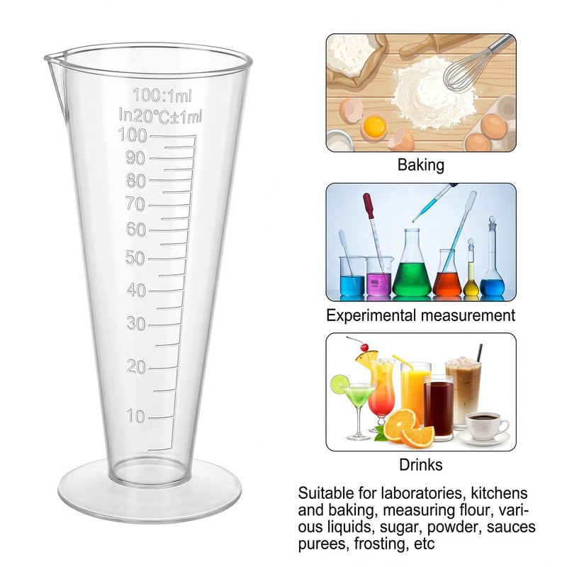 2 Pack 100ml Measuring Cup, Clear Plastic Cone Round Base