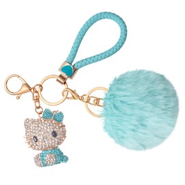 LJCTULY Pom Pom Keychain - Kawaii Car Key Chains for Women - Bling Rhinestone Keychain for Purse Backpack (Blue)
