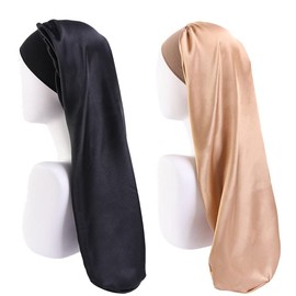 Long Satin Sleeping Cap, Pack of 2 Large Sleeping Caps for Women, Long Braids Satin Sleeping Cap, Extra Large Sleeping Cap with Wide Elastic Band, Soft and Comfortable, Black and gold