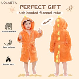 LOLANTA Children's Fleece Dinosaur Bathrobe Plush Hooded Bathrobe for 1-8 Years, orange