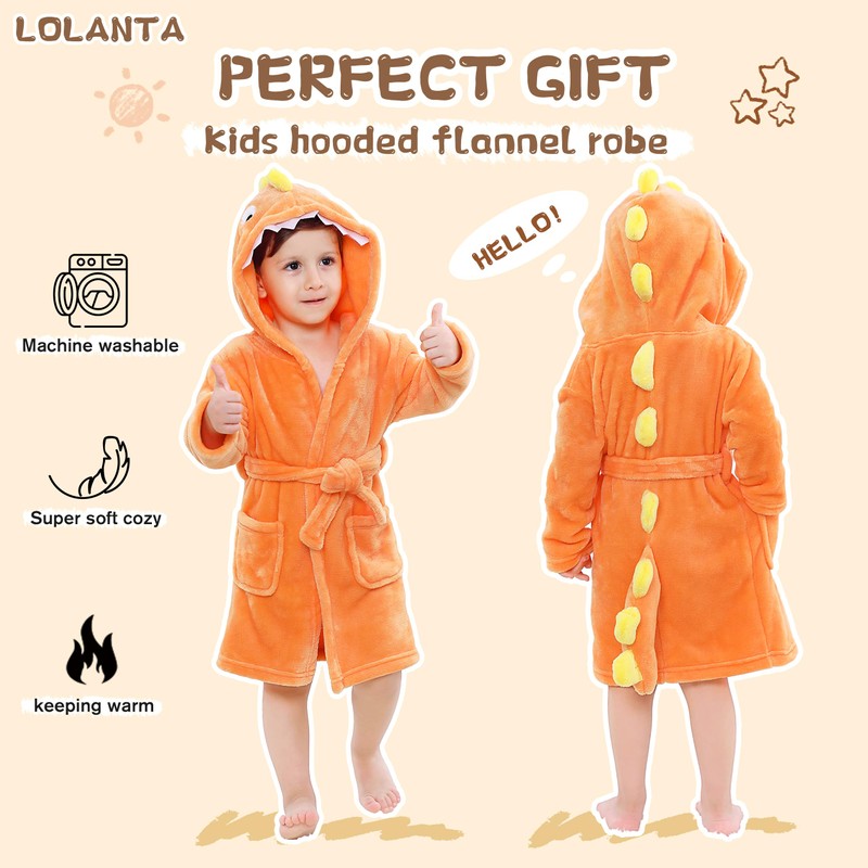 LOLANTA Children's Fleece Dinosaur Bathrobe Plush Hooded Bathrobe for 1-8