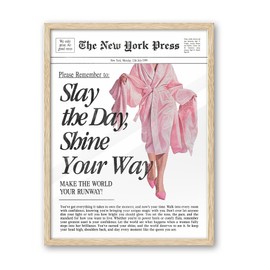 iHery Natural OAK Wood Retro Vintage Pink News Framed Wall Art, 12x16 in Slay the Day Shine Your Way Canvas Wall Decor, Modern Trendy Newspaper Bedroom Decor, Set of 1 For Bathroom Living Room