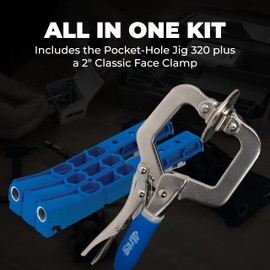 KREG Durable Pocket-Hole Jig 320 with Classic 2 Inch Face Clamp - Includes Wood Clamps for Woodworking & Tight Spaces - For Materials 1/2 Inch to 1 1/2 Inch Thick