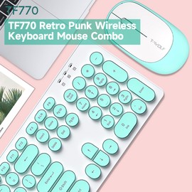 T-WOLF TF770 2.4G Wireless Keyboard Mouse Combo  Punk Round Keycap Comfortable Mute Typing Wide Compatibility Blue