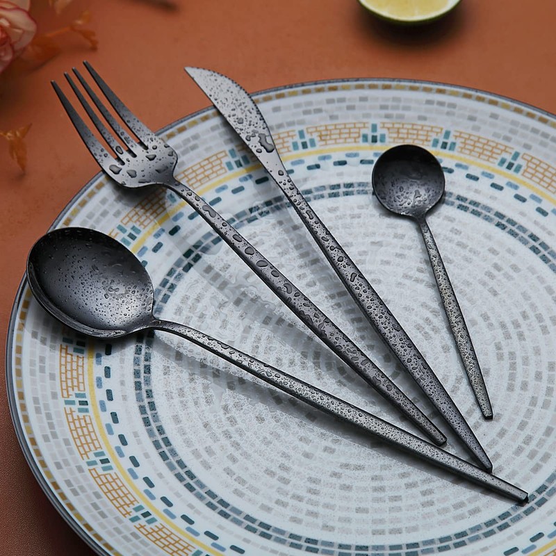 Kyraton Black Cutlery Set 24 Pieces, Stainless Steel Flatware Set,
