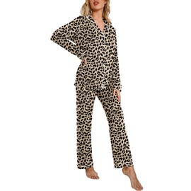 PrinStory Women's Pajamas Set Long Sleeve Sleepwear Casual Loungewear Soft Button Down Pjs Set with Pockets FP-Leopard Khaki-Large