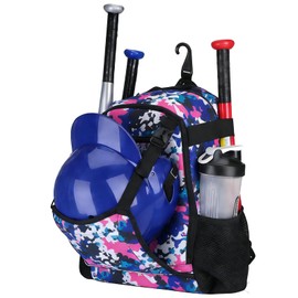 ZOEA Youth Baseball Bat Bag Backpack, T-Ball & Softball Equipment & Gear for Youth, Large Capacity Holds 2 Bats, Helmet, Gloves, Cleats, Helmet Holder and Includes Fence Hook (Camouflage purple)