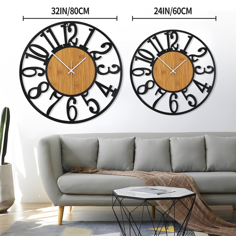 LEIKE Large Wall Clocks,Silent,Non Ticking,Battery Operated Rustic Round Modern Big