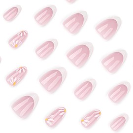 24 Pcs Extra Short Press on Nails Almond Nail Tips,YEFIUO Flower Acrylic Nail Kit White French Fake Nails Press ons Glue on Nails Full Cover Reusable False Nails with Strong Jelly Glue Tool for Ma'am