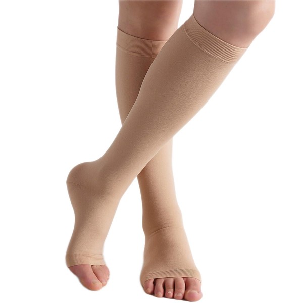 Bounfend® - Calcetines de compresión de 20 a 30 mmHg, puntera abierta hasta la rodilla, medias de grado médico para mujeres y hombres, piernas hinchadas con venas varicosas, espinillas, enfermería, viajes, Beige, Medium
