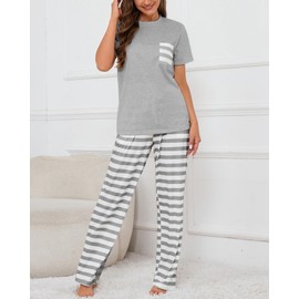 Atxnn Womens Pyjamas Cotton Pjs Set Round Neck Loungewear Striped Pants with Pockets Drawstring Nightwear Soft Chic Sleepwear Summer Spring, GRAY XL
