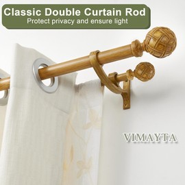 Vimayta Double Curtain Rods 72 to 144 Inches(6-12feet) for Window, Adjustable Telescoping Drapery Rod with Aluminum Alloy Brackets, 1 Inch Diameter Front, 5/8 Inch Back Pipe, Light Yellow Woodgrain