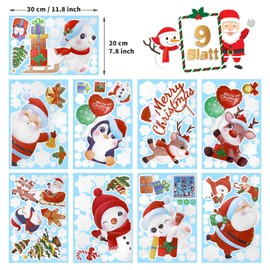 Naler Christmas Window Clings 168Pcs 9 Sheets Christmas Window Stickers Cute Santa Claus Reindeer Snowflakes Double Sides Window Static Cling Decals for Glass Xmas Window
