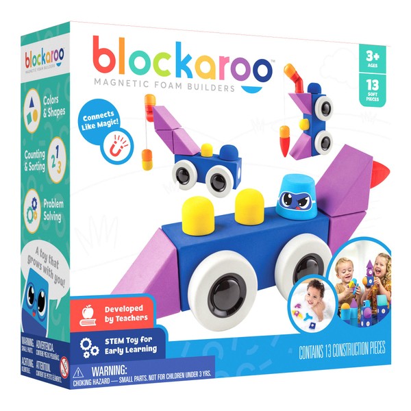 Blockaroo Magnetic Foam Building Blocks - 13-Piece Roadster, Bath Toys