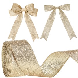 Mindsoft Wired Ribbon Two-Tone Glitter Crinkled Ribbon with Metallic Edge for Gift Wrapping Bow Making Wreaths Garland Wedding Decorations(Champagne,2 Inch X 20 Yards)