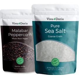 Viva Doria Malabar Black Peppercorns, Whole Black Pepper, Black Peppercorn, 12 Oz and Pure Sea Salt, Coarse Grain, 2 lb, For Grinder Refills, 2 Piece Set