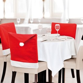 Generic Christmas Theme Santa Red Colour Chair Cover With Snowflake Pom Pom Short Back Fabric Covers Festive Xmas Dining Decoration, 50cm x 70cm, 6pcs, V-CH-CH-XMS-6