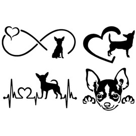 Chihuahua Decal 4 Pack: Chihuahua Infinity, Chihuahua Heartbeat, Chihuahua in Heart, Chihuahua Peeking Decals (Large ~5", Black)