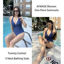 AI'MAGE Women's One Piece Swimsuits V Neck Tummy Control High Waisted Bathing Suit Halter Top Swimwear Blue M