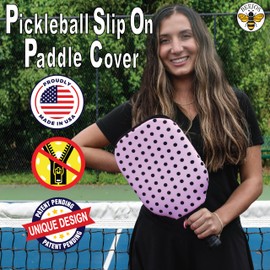 BeeJos Women's Polka Dot Collections: Premium Slip-On Pickleball Paddle Cover-Fits Standard Size Paddles-Zipperless (Paddle not Included) 6 Color Variations (Baby Pink with Black Dots)