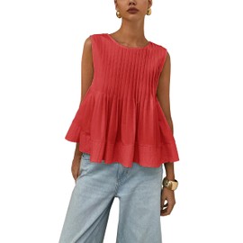 Megfie Womens Summer Pleated Peplum Sleeveless Blouse Tank Tops Round Neck Y2K Babydoll Blouse Shirt(0869-Red-S)
