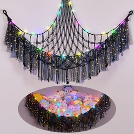 MHJY Toy Hammock Stuffed Animals Storage Net Soft Cuddly Toys Large Corner Hanging Net With LED Light Hand Woven Plush Macrame Organizer with Tassel for Kids Bedroom Nursery