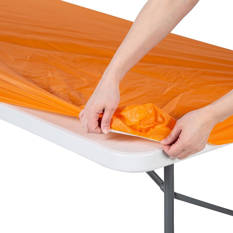 Fun Express Rectangle Fitted Plastic Tablecloth Orange, 6 Ft