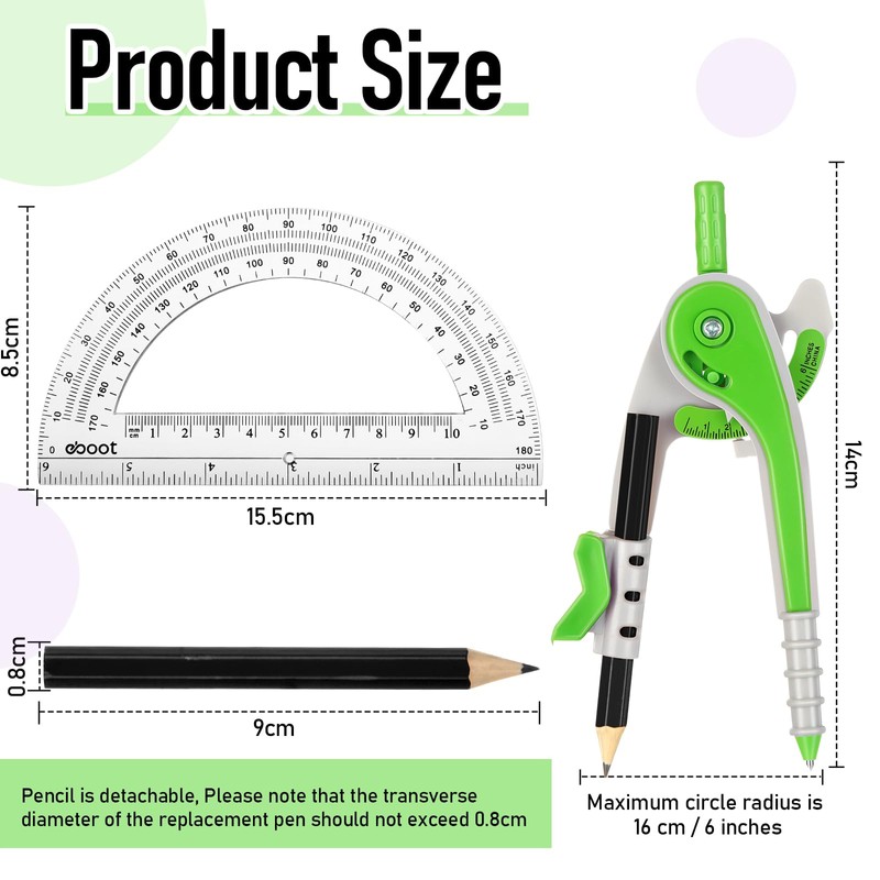 EBOOT Student Geometry Math Set, Drawing Compass and 6 Inch