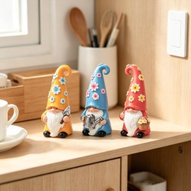 Pohabery 3Pcs Whimsical Floral Garden Gnomes – Hand-Painted Resin Waterproof Spring Summer Indoor Outdoor Decor for Table, Farmhouse, Home, Kitchen, Unique Gifts for Garden Lovers