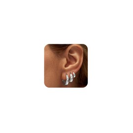 ASCOMY Silver Earrings for Women Dainty Hoop Earrings Set 14K Silver Plated 3 Pairs Chunky Circle Hoop Earring Huggie Hoops Chunky Open Hoop Earring Trendy Jewelry Gifts for Women