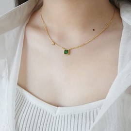 Gulamu Jewelry Emerald Color Necklace, Women's, Birthstone, May, Women's, 925 Silver, Gold Coating, Hypoallergenic, Gift, Birthday, Anniversary, Sterling Silver, Cubic Zirconia