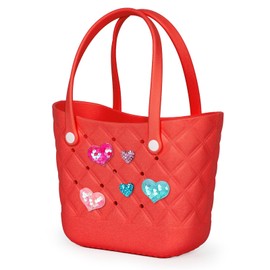Kcizloz Small Rubber Tote Bag with 5 Charms Cute Beach Tote Small Rubber Bags for Women (Red)