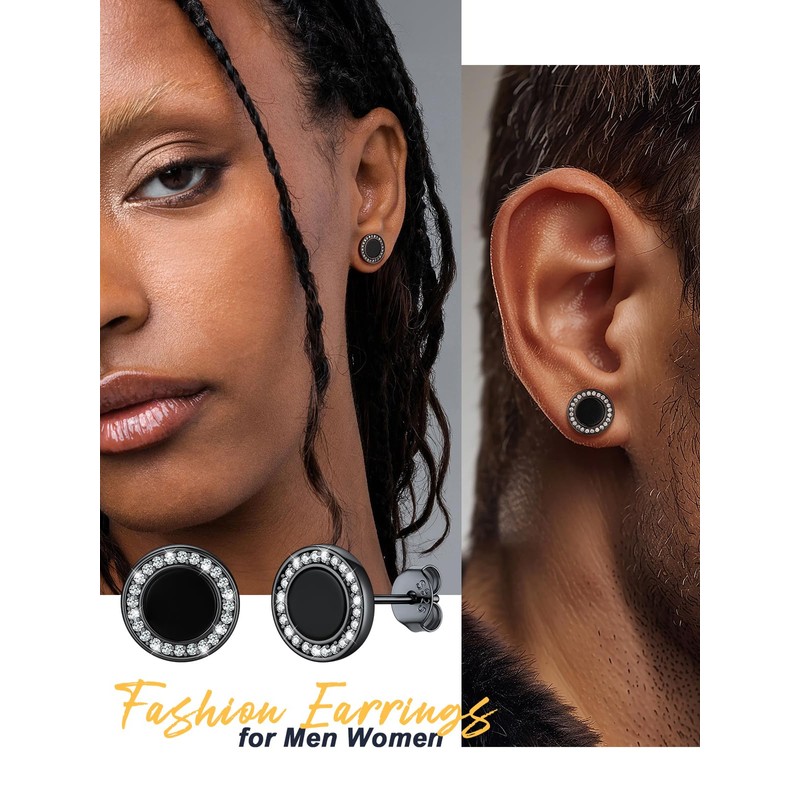 U7 Black Onyx Mens Earrings 925 Sterling Silver Round Black