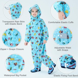 Fewlby Rain Wear Kids, Waterproof Puddle Suit Toddler All in One Overall Muddy Suit Cartoon Car Raincoat, XL Size 7-9 Years