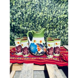 Jarra de Barro Decorada Con 6 Vasos, Made in Mexico.Clay Pitcher Made In Mexico.
