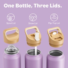 40 oz Insulated Water Bottle for Workout: 3 Lids, Leakproof, Keep Ice 24H and Hot 12H, Double Wall, Large Metal Water Flask with Handle for Camping, Hiking, Climbing, Travel, Outdoors (Vintage Lilac)